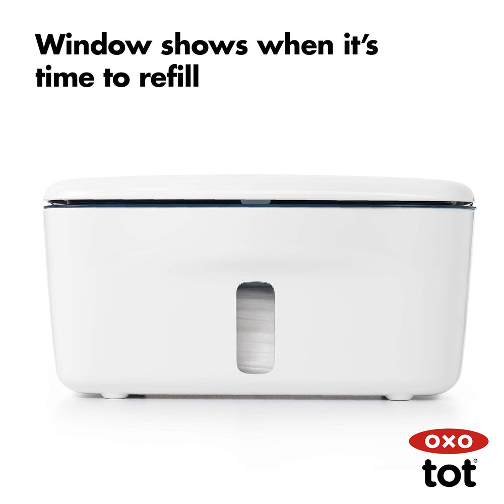OXO Tot Perfect Pull Wipes Dispenser navy ideal for diaper changes on the go.