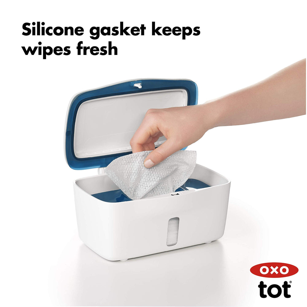 OXO Tot Perfect Pull Wipes Dispenser navy travel-ready compact design.