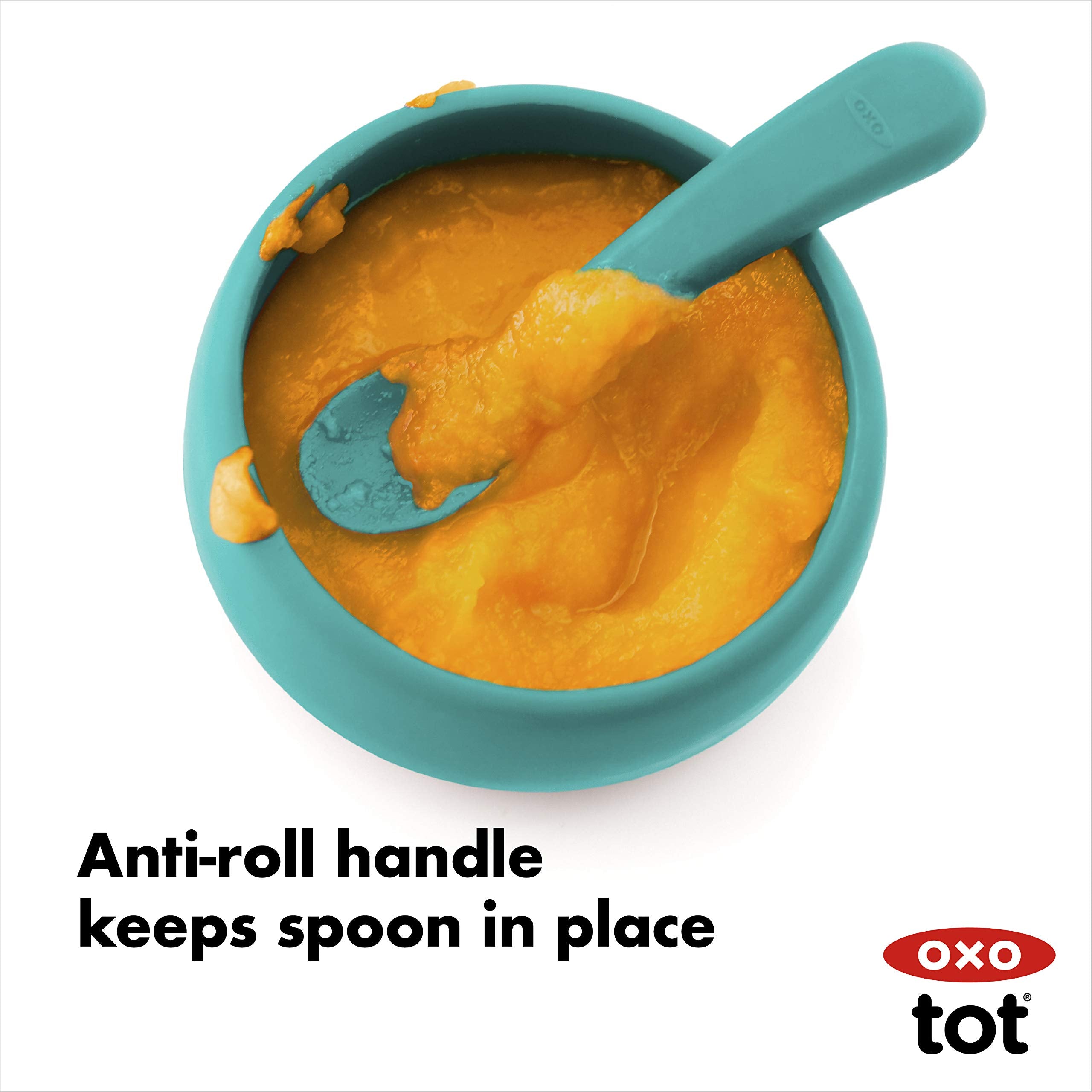OXO Tot teal spoon anti-roll design stays put during meals