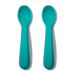 OXO Tot silicone spoons teal close-up, gentle on gums for self-feeding