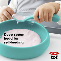 OXO Tot teal spoon curved handle fits tiny hands for self-feeding
