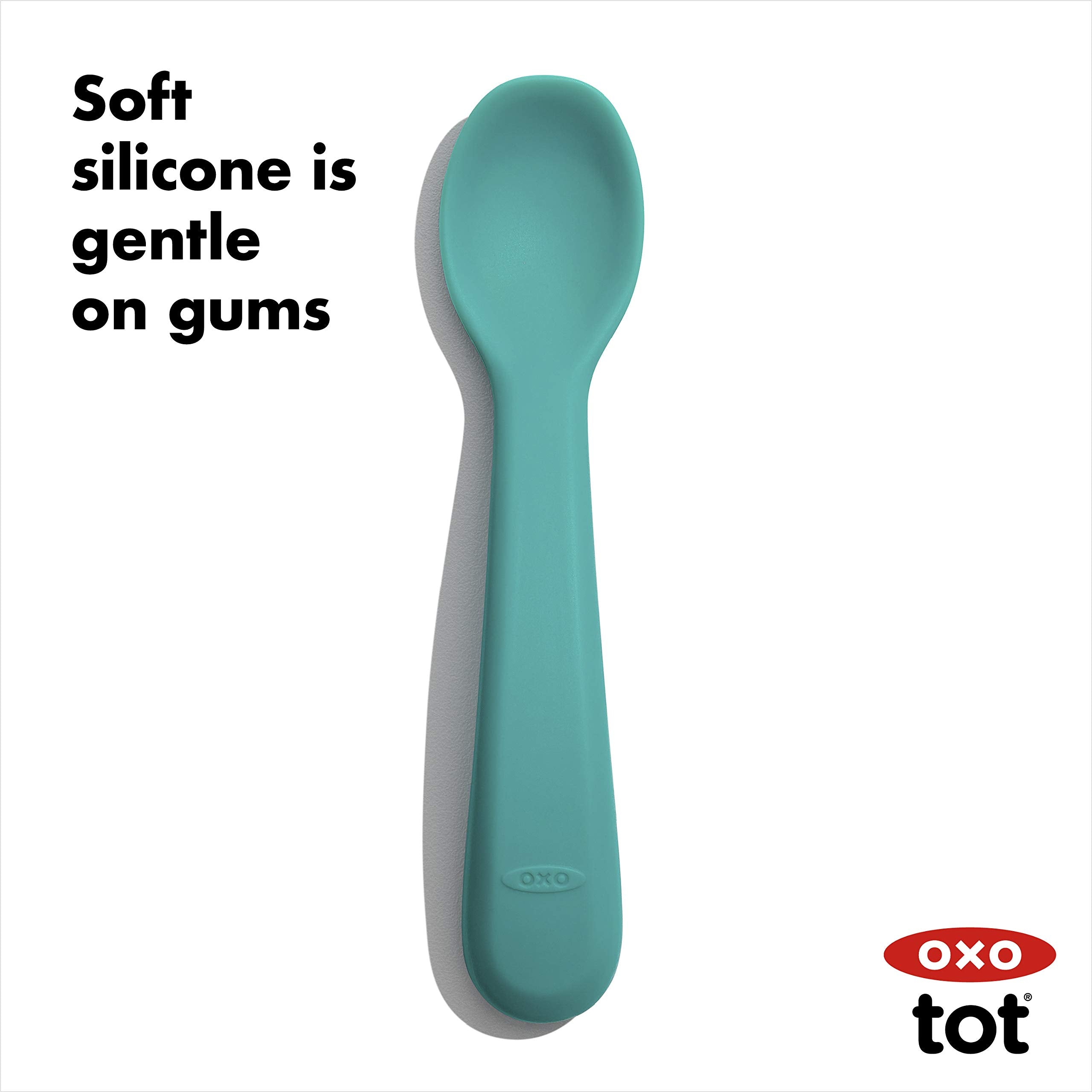 OXO Tot teal spoon microwave-safe for quick reheats