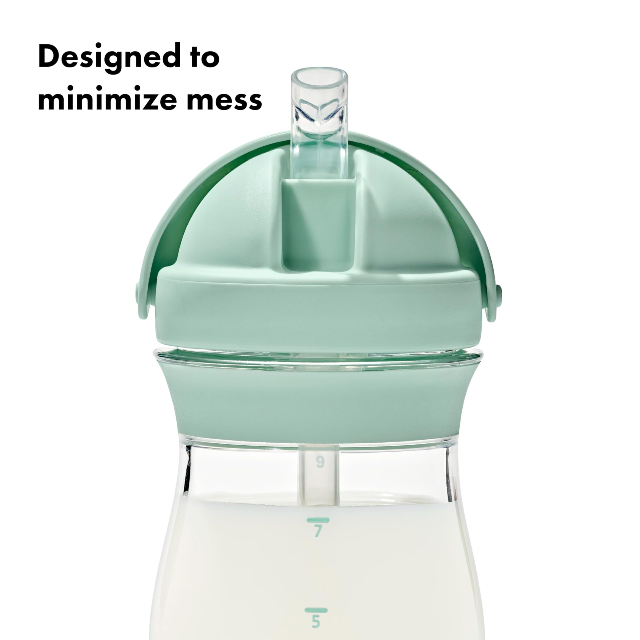 Oxo Tot Transitions spill-proof straw Opal emphasizes secure cap and easy cleaning after meals.