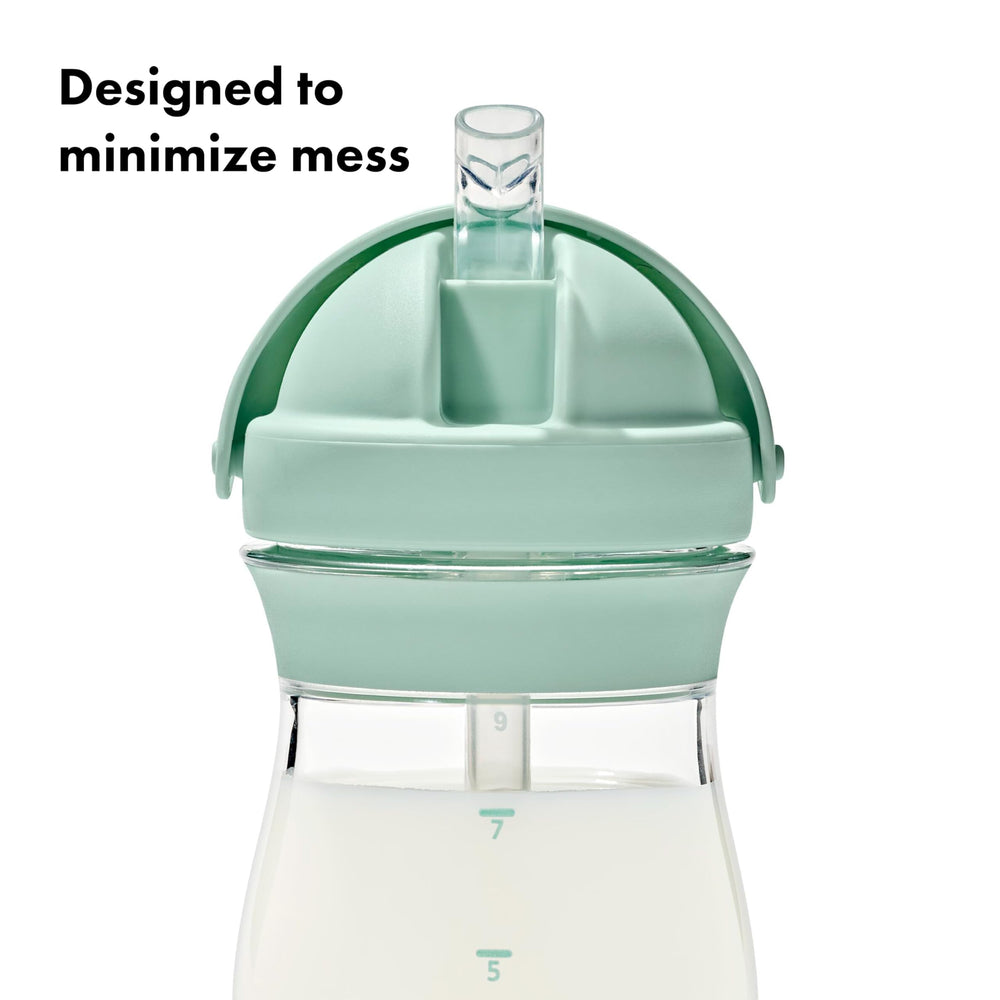 Oxo Tot Transitions spill-proof straw Opal emphasizes secure cap and easy cleaning after meals.