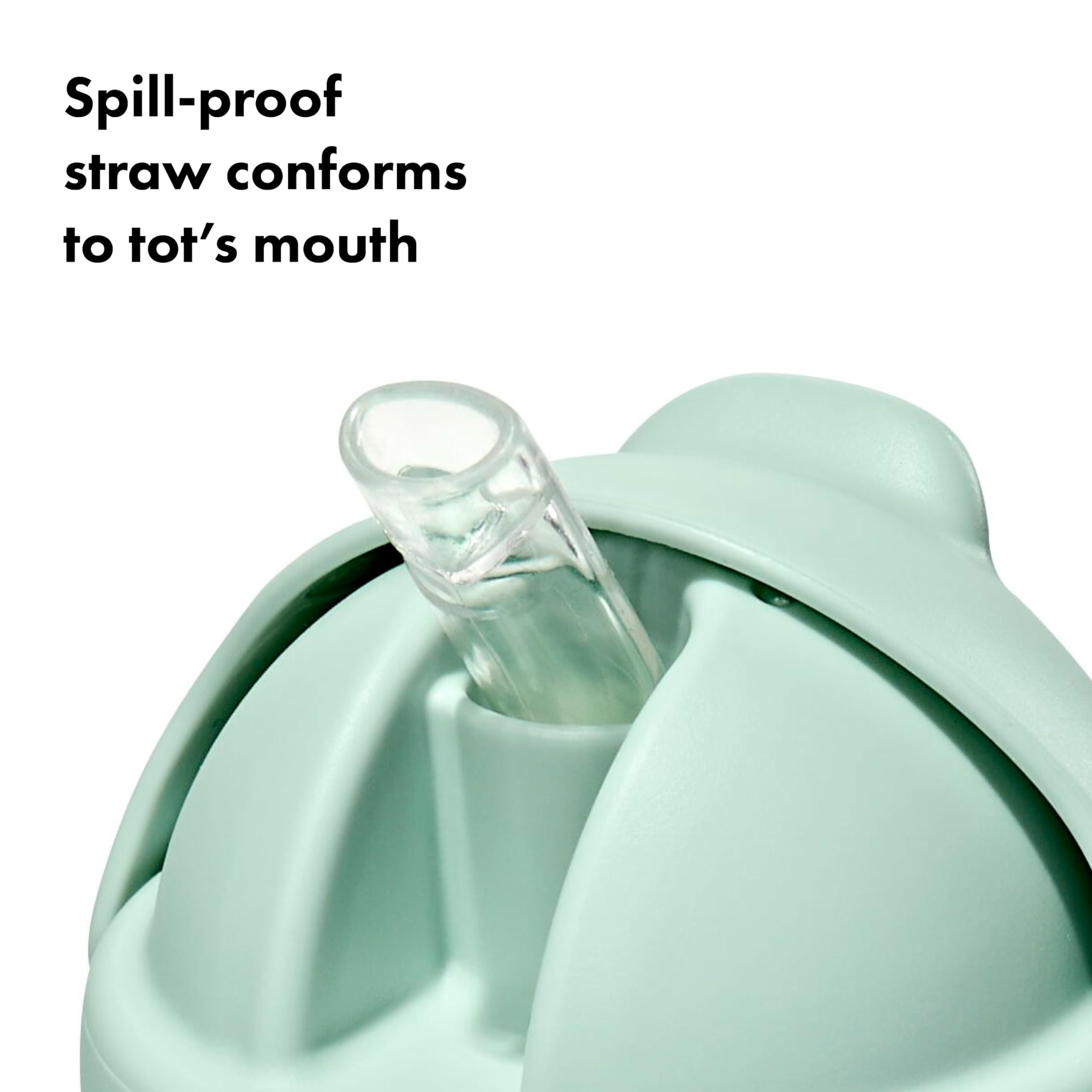 Oxo Tot Transitions straw cup Opal straw close shows almond-shaped spout for easy drinking.