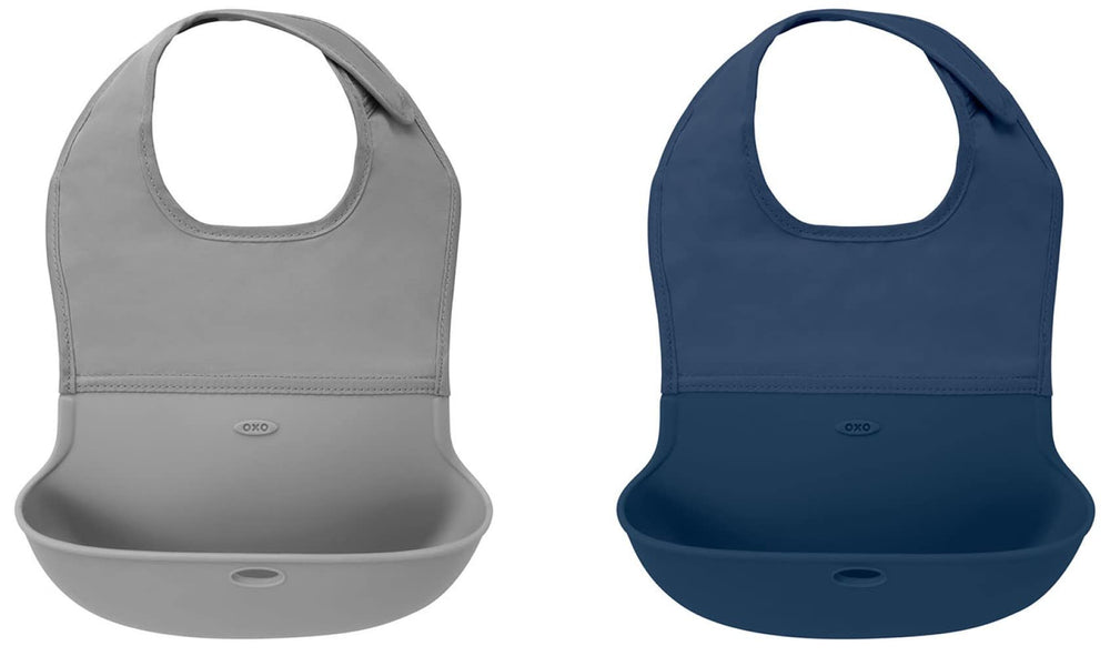 OXO Tot Roll-Up Bib gray navy crumb pocket catches crumbs during meals