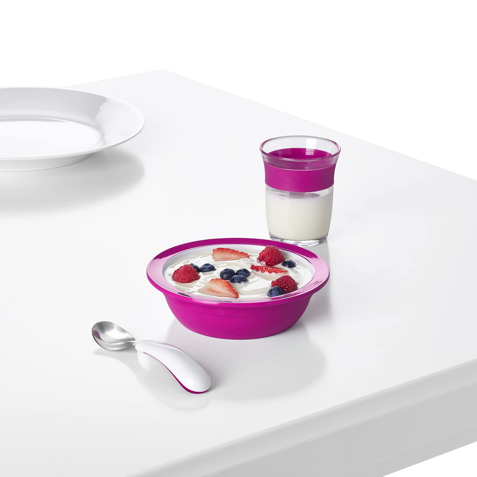 OXO Tot pink training set is dishwasher safe for quick cleanup.