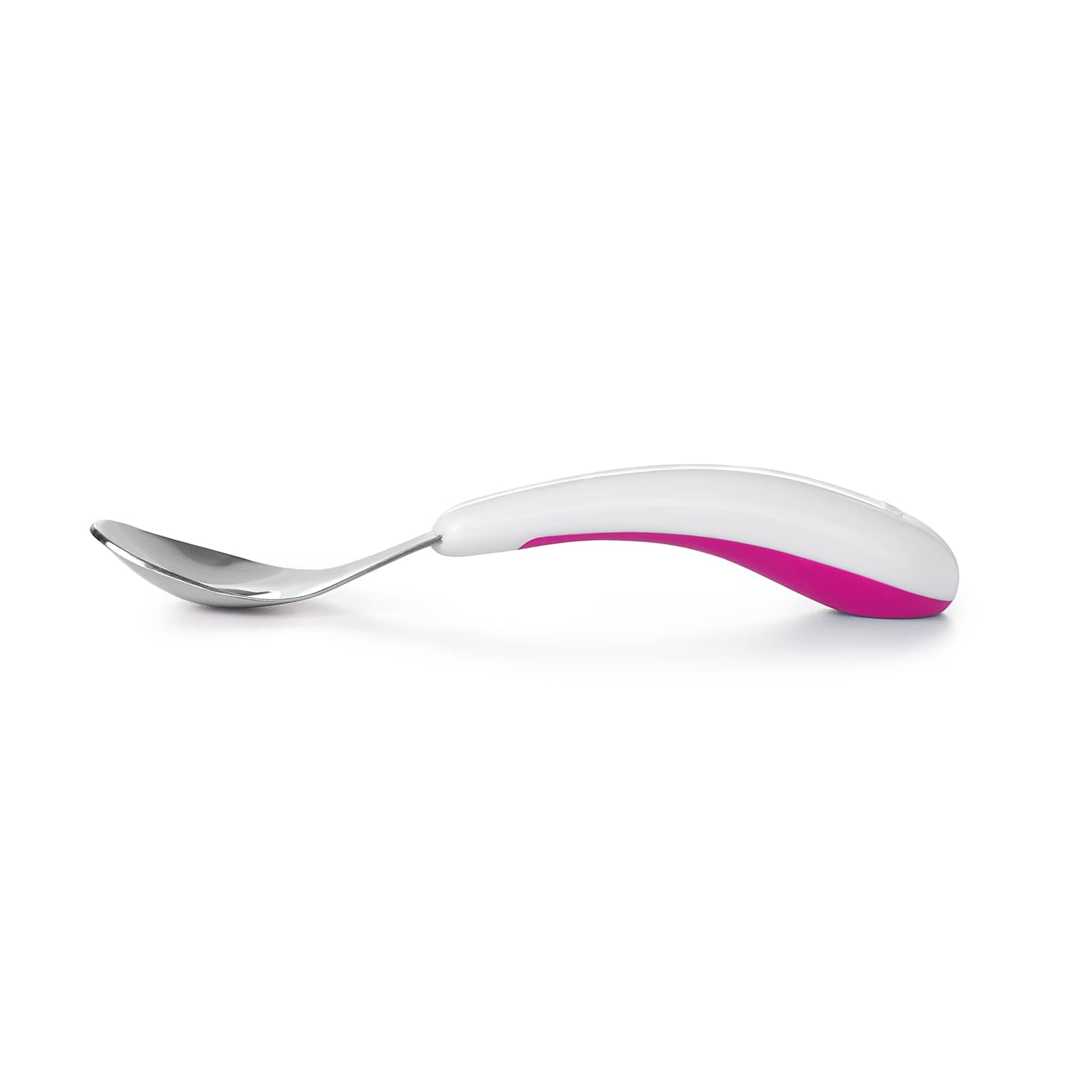 OXO Tot pink flat base prevents rolling on high chairs and tables.