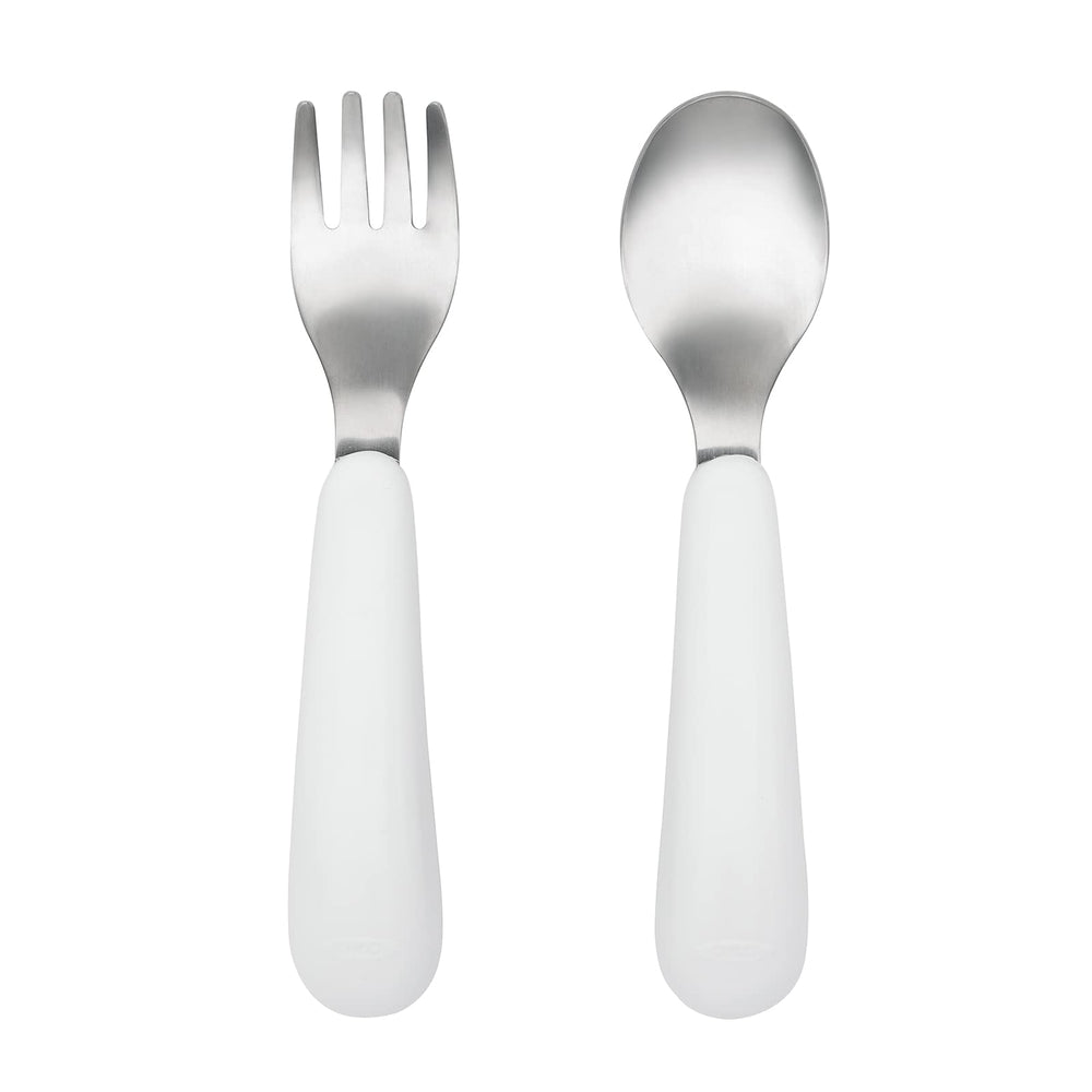 OXO Tot pink rounded fork tines ensure safe feeding for toddlers.