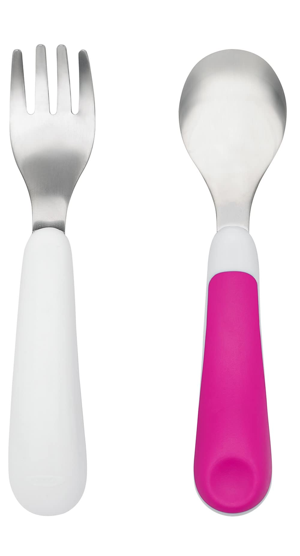 OXO Tot training fork and spoon pink set in use for self-feeding practice.
