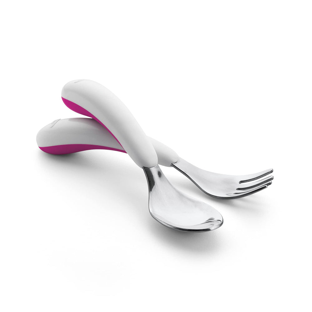 OXO Tot pink soft-grip handle supports easy grasp during meals.