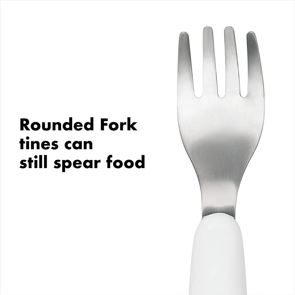 OXO Tot pink fork and spoon duo ease transitions to grown-up flatware.