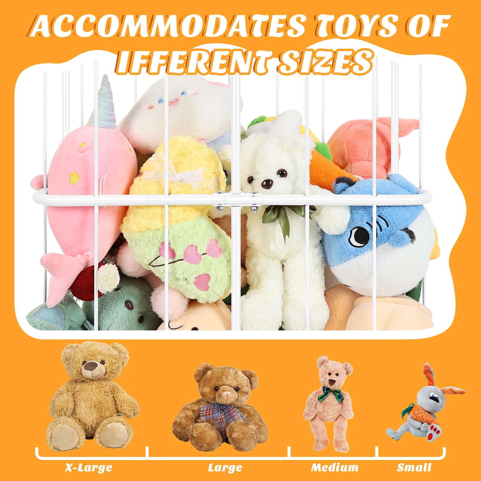 OYEAL stuffed animal storage dimensions – shows measurements for fitting large collections.