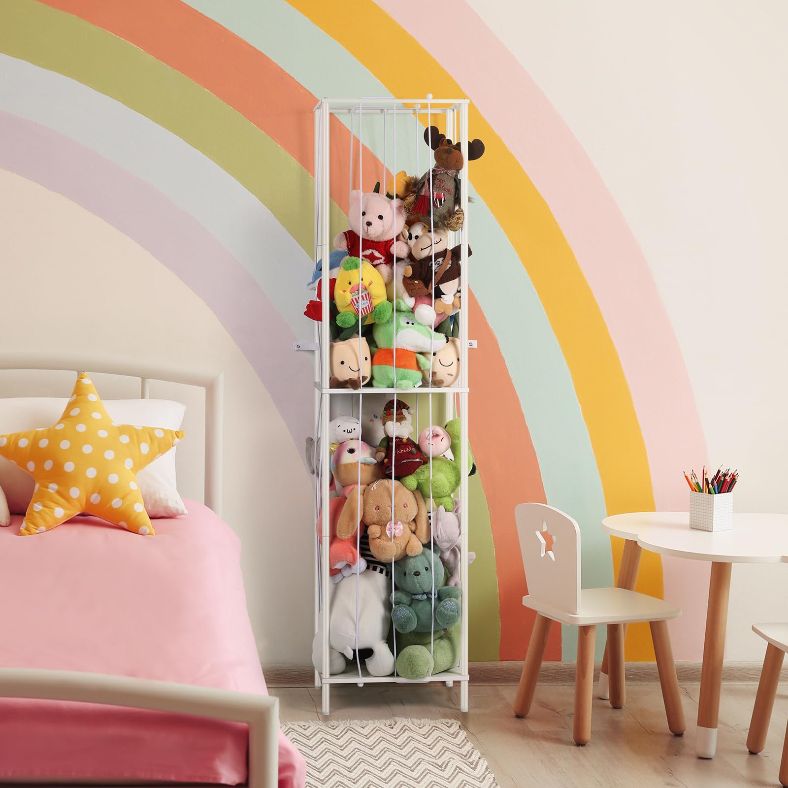 OYEAL stuffed animal storage doubles as ball rack for sports gear storage.