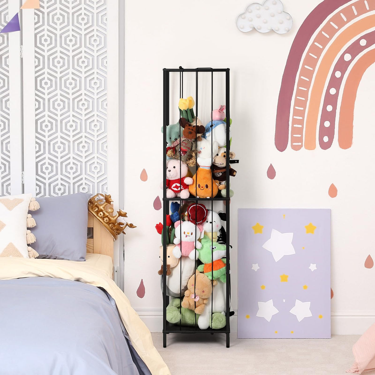 OYEAL stuffed animal zoo storage assembly shows sturdy metal frame for organized toy display