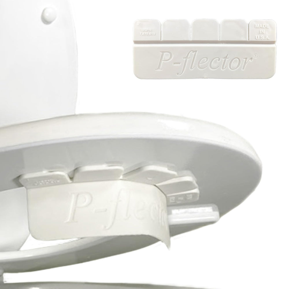 P-flector under-seat urine guard reduces splash risk for potty training and caregivers.