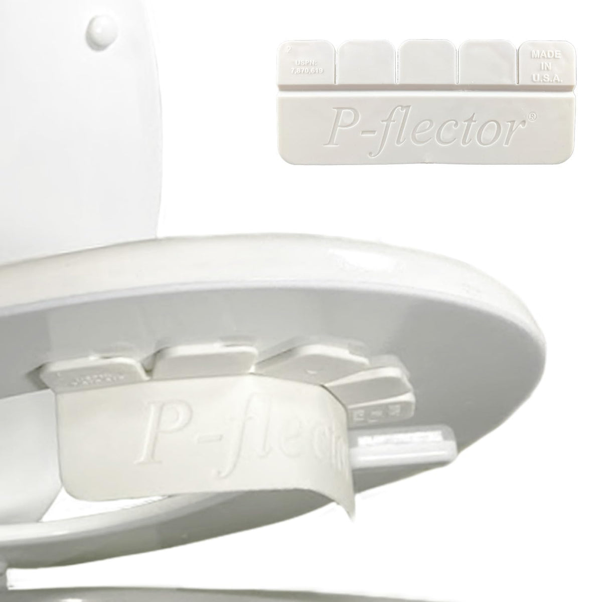 P-flector under-seat urine guard reduces splash risk for potty training and caregivers.
