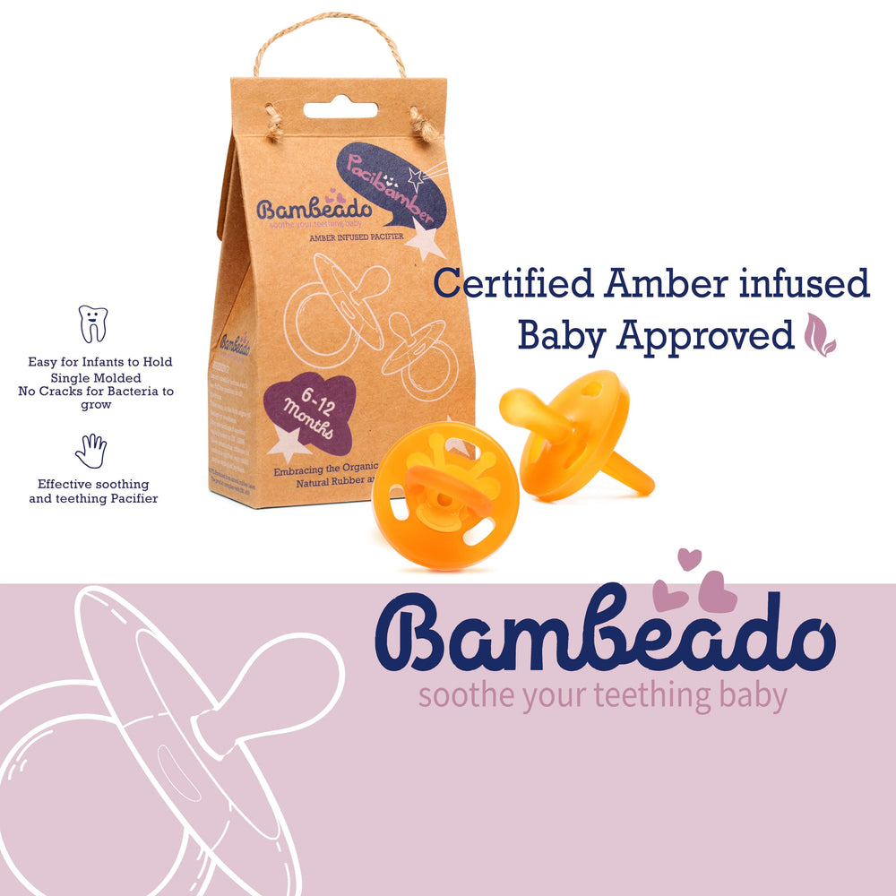 PaciBamber amber oil pacifier with round shield highlights a breast-mimicking design.