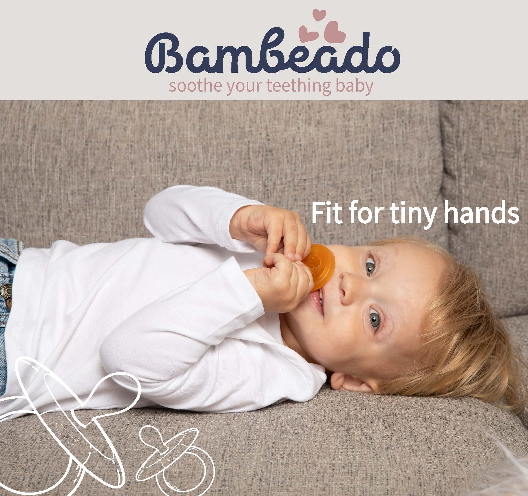 PaciBamber baby using pacifier-teether combo during teething.