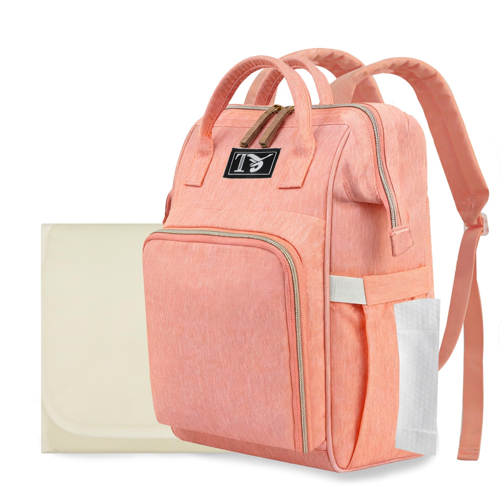 Packino diaper bag backpack pink-orange with roomy 23L storage for diapers and bottles.