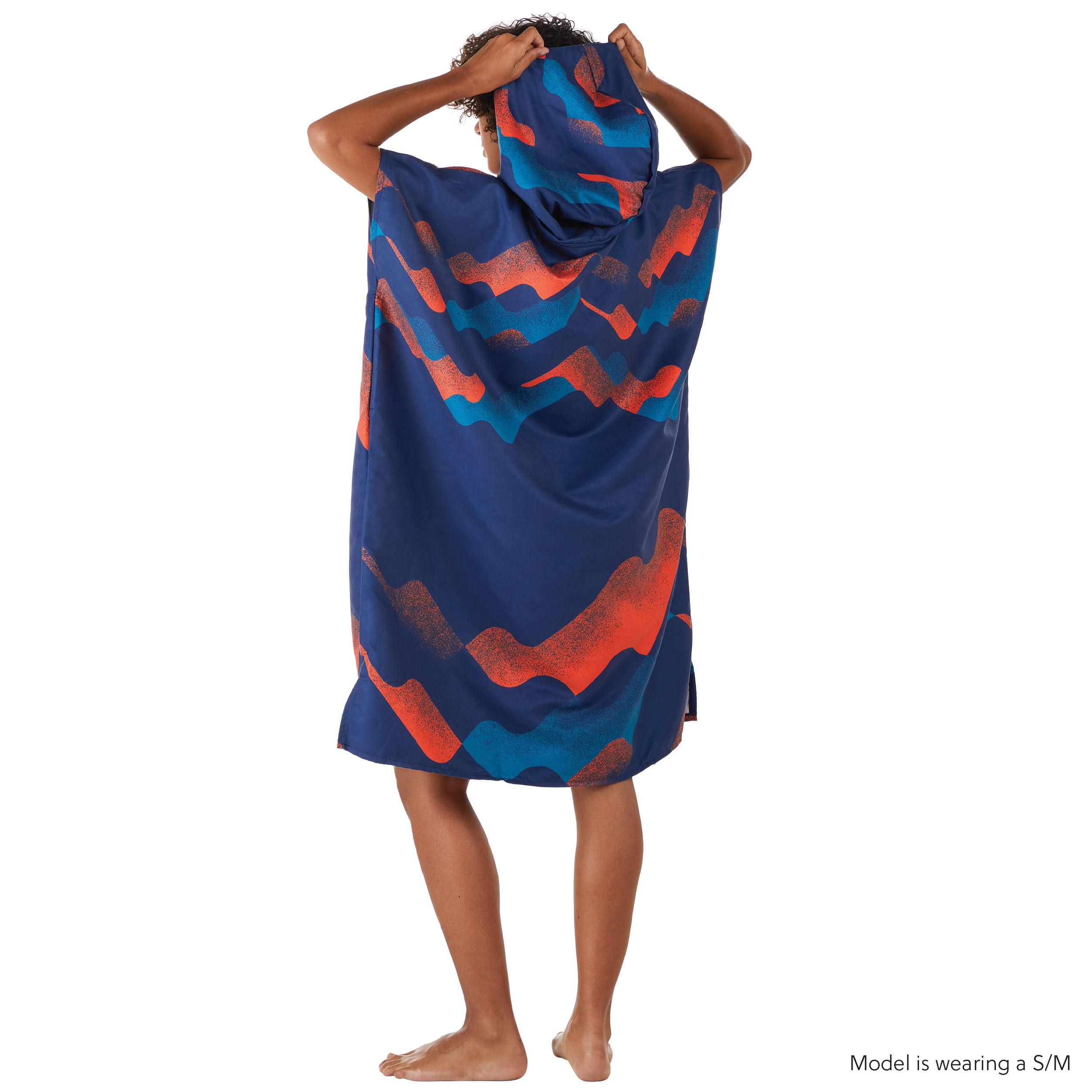PackTowl Changing Poncho model wearing Small/Medium demonstrates compact fit.