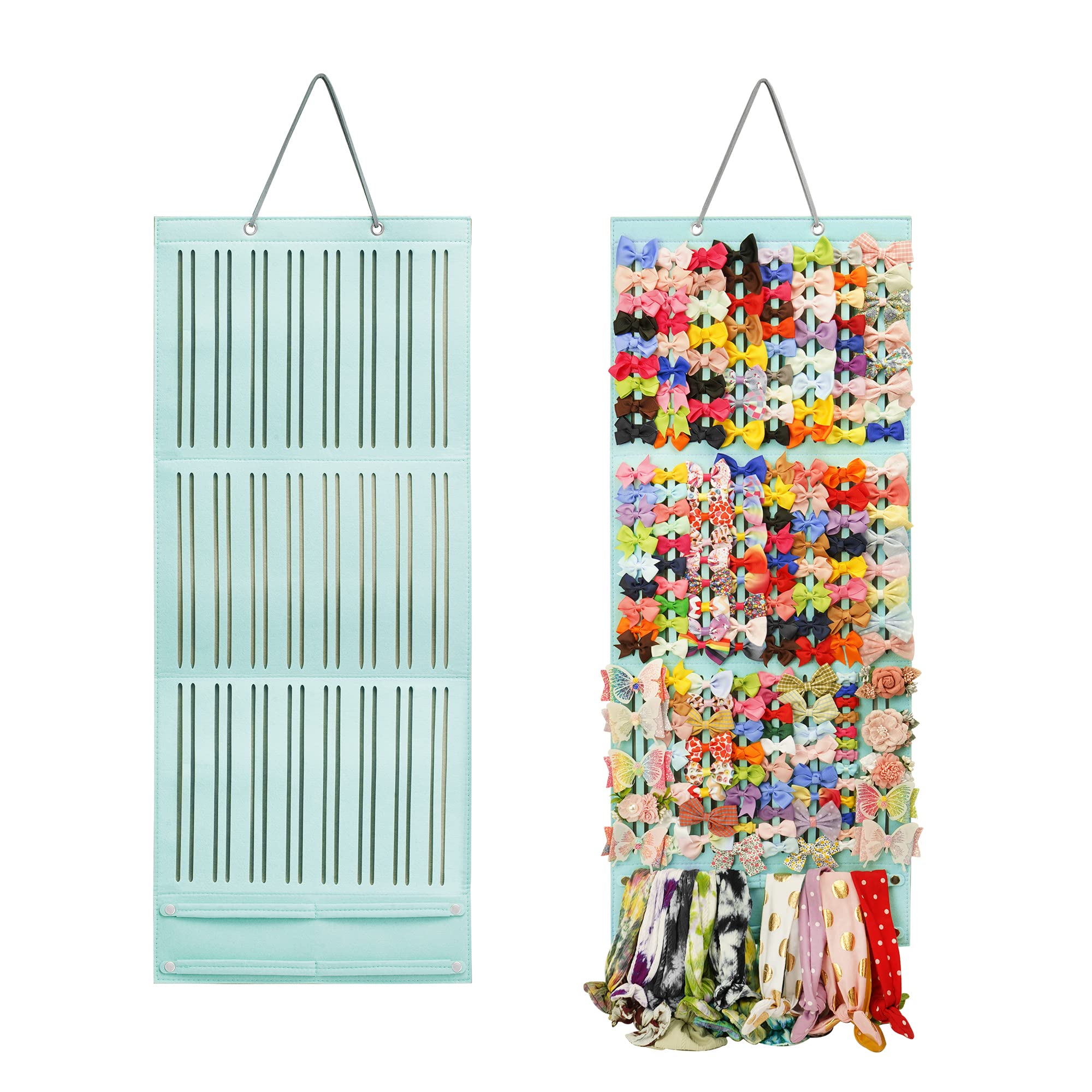PACMAXI baby girl bows holder wall display showing mint-green organizer and ribbons for easy access