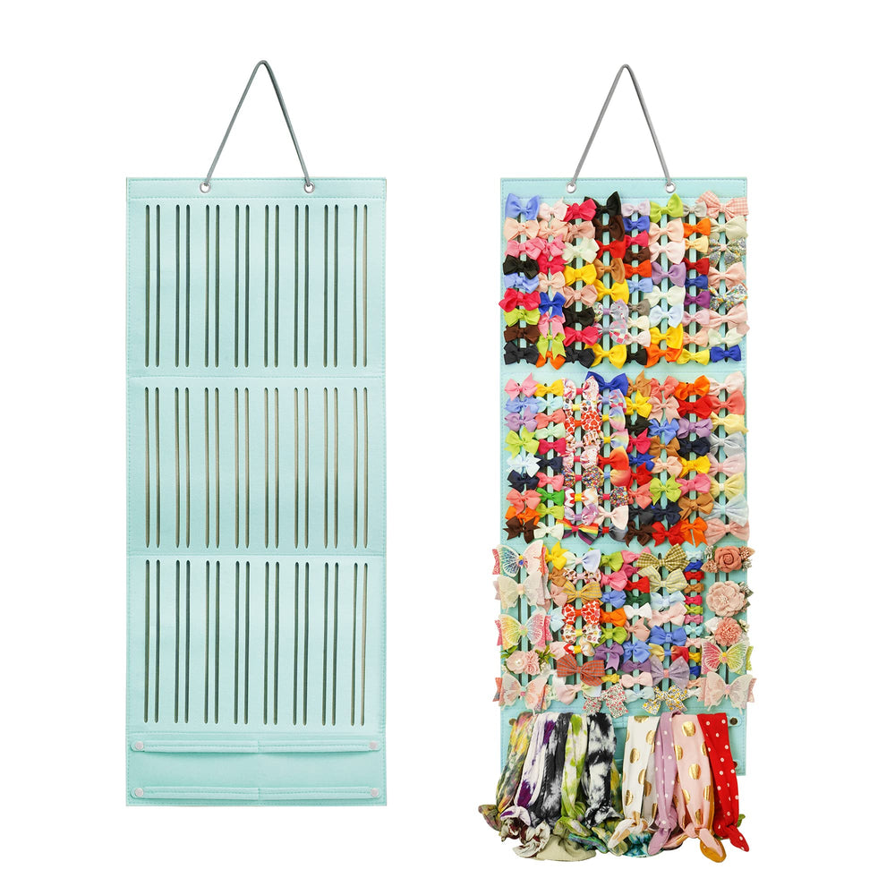 PACMAXI baby girl bows holder wall display showing mint-green organizer and ribbons for easy access