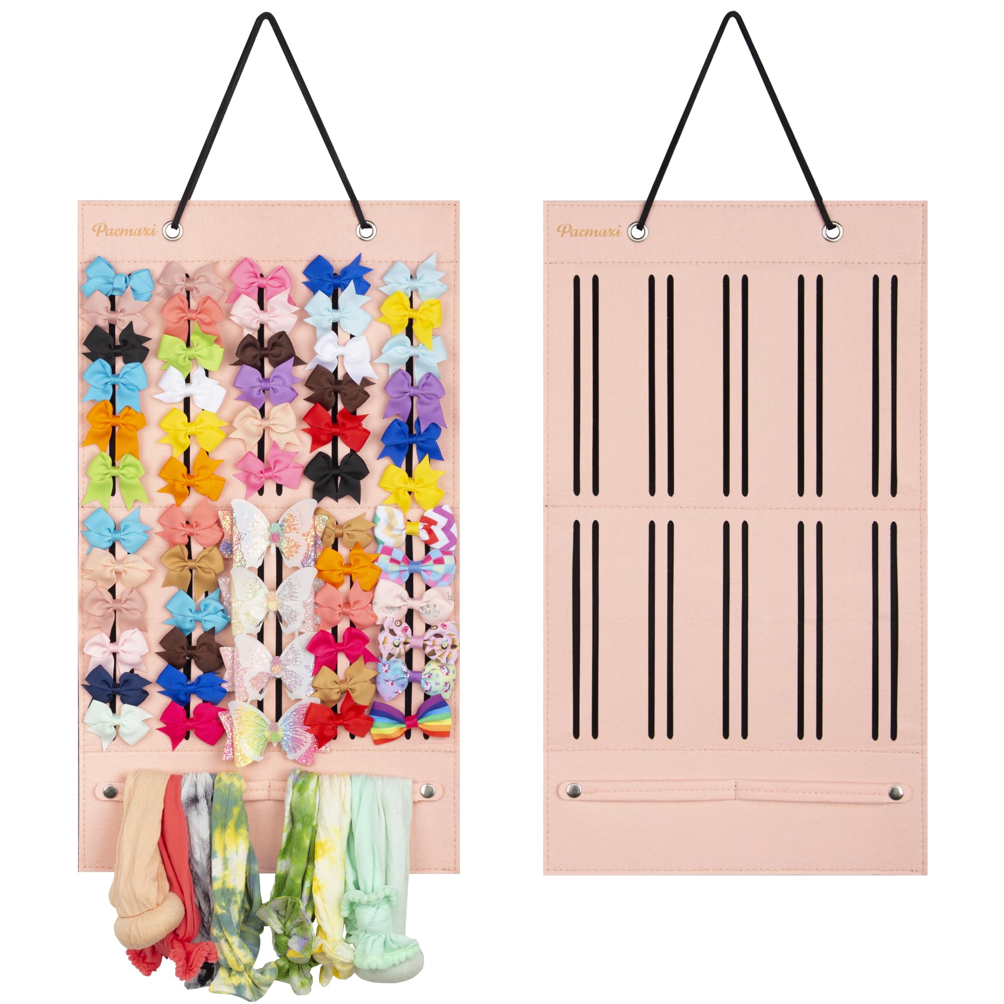 PACMAXI baby girl bows holder mounted on wall showing organized ribbons and clips