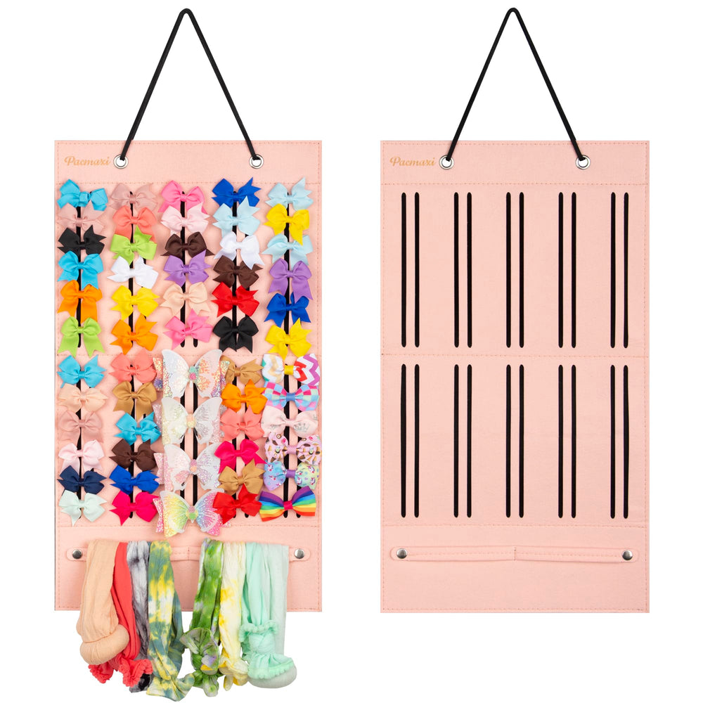 PACMAXI baby girl bows holder mounted on wall showing organized ribbons and clips