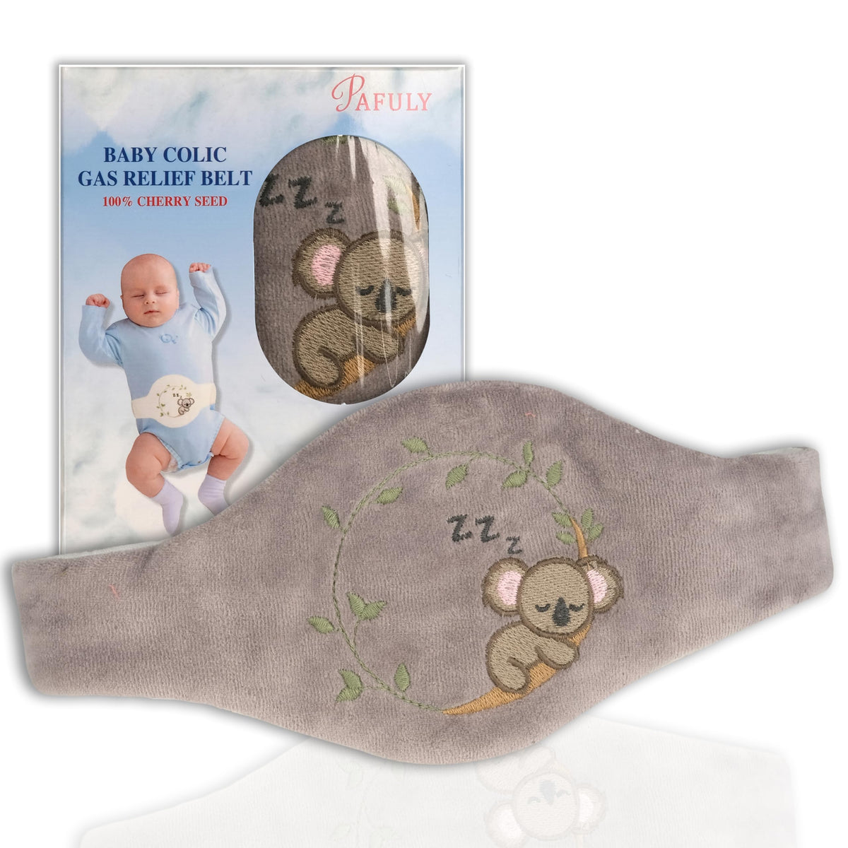 Pafuly cherry-seed pouch warming to soothe a sleepy newborn tummy.