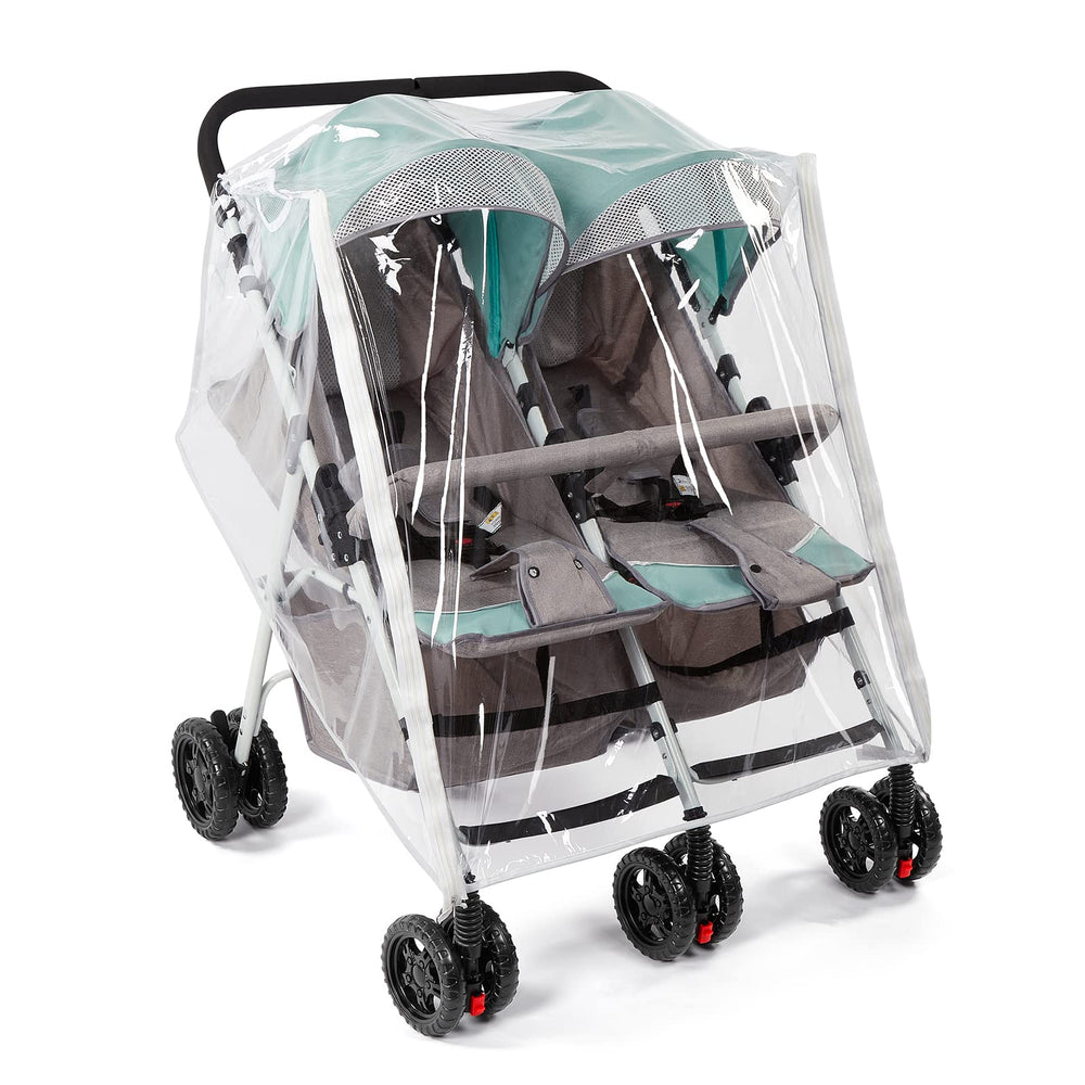 PAHTTO double stroller rain cover shields twins from rain and wind during outdoor strolls.