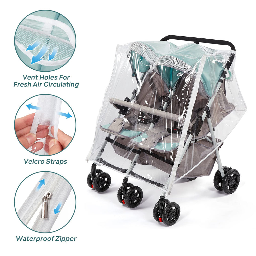 Universal size fits most side-by-side strollers with easy velcro installation.