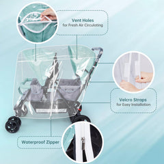 PAHTTO universal-fit rain cover fits most tandem strollers with easy velcro straps