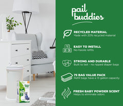 Pail Buddies 13-gallon bags fit standard diaper pails.