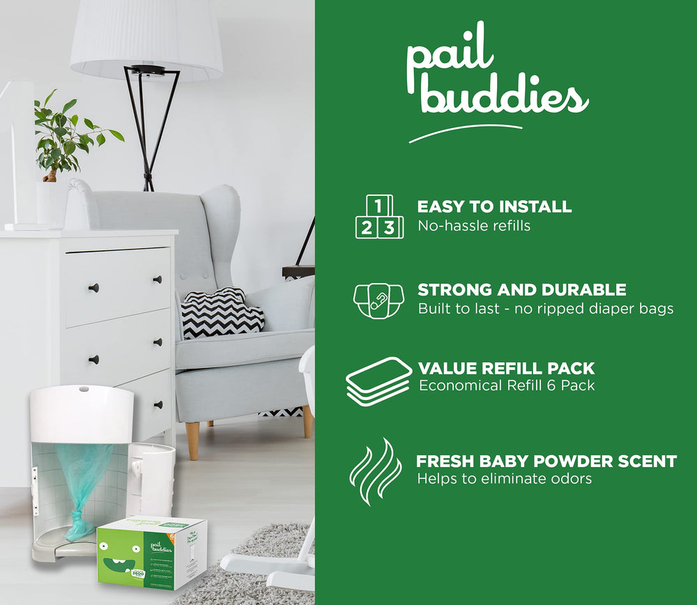 Pail Buddies 6-count value pack holds up to 3,600 newborn diapers