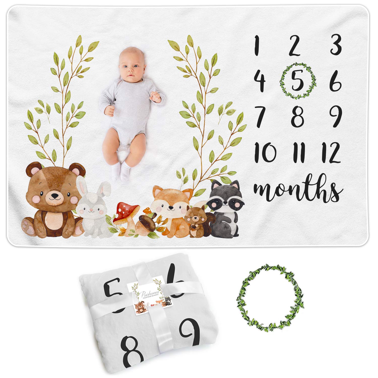 Paishanas milestone blanket woodland forest scene provides a cozy photo backdrop for monthly growth captures.