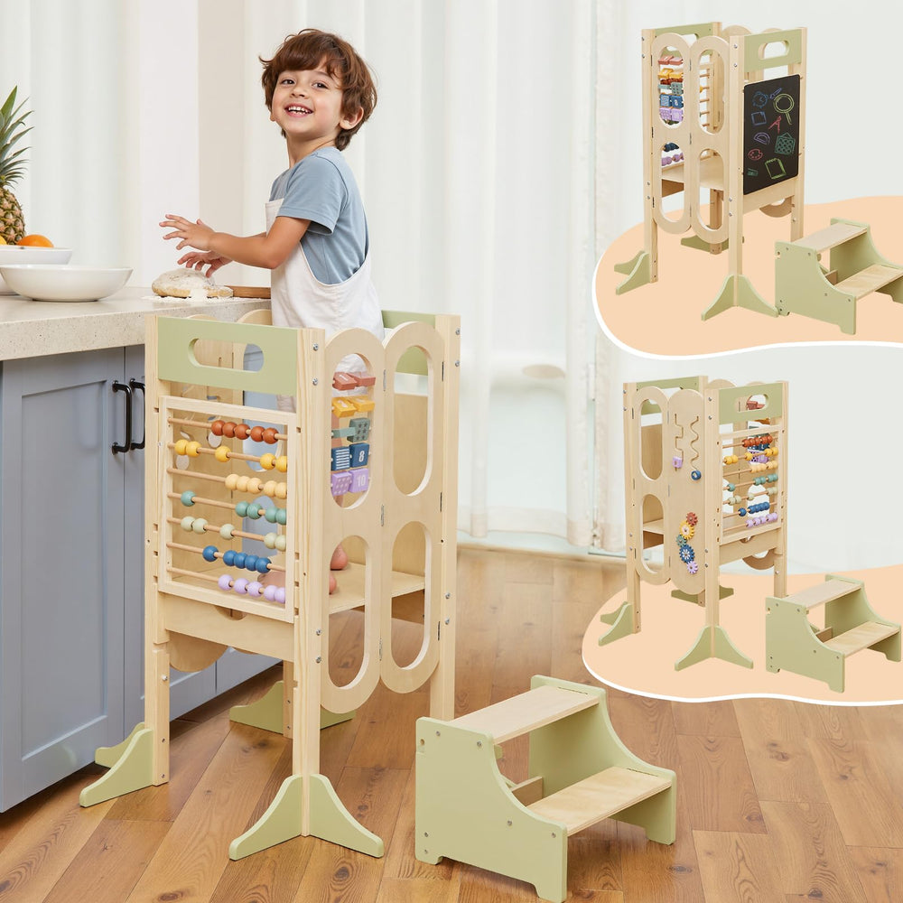 Paisure Foldable Toddler Tower with detachable stool enables easy climbing on and off