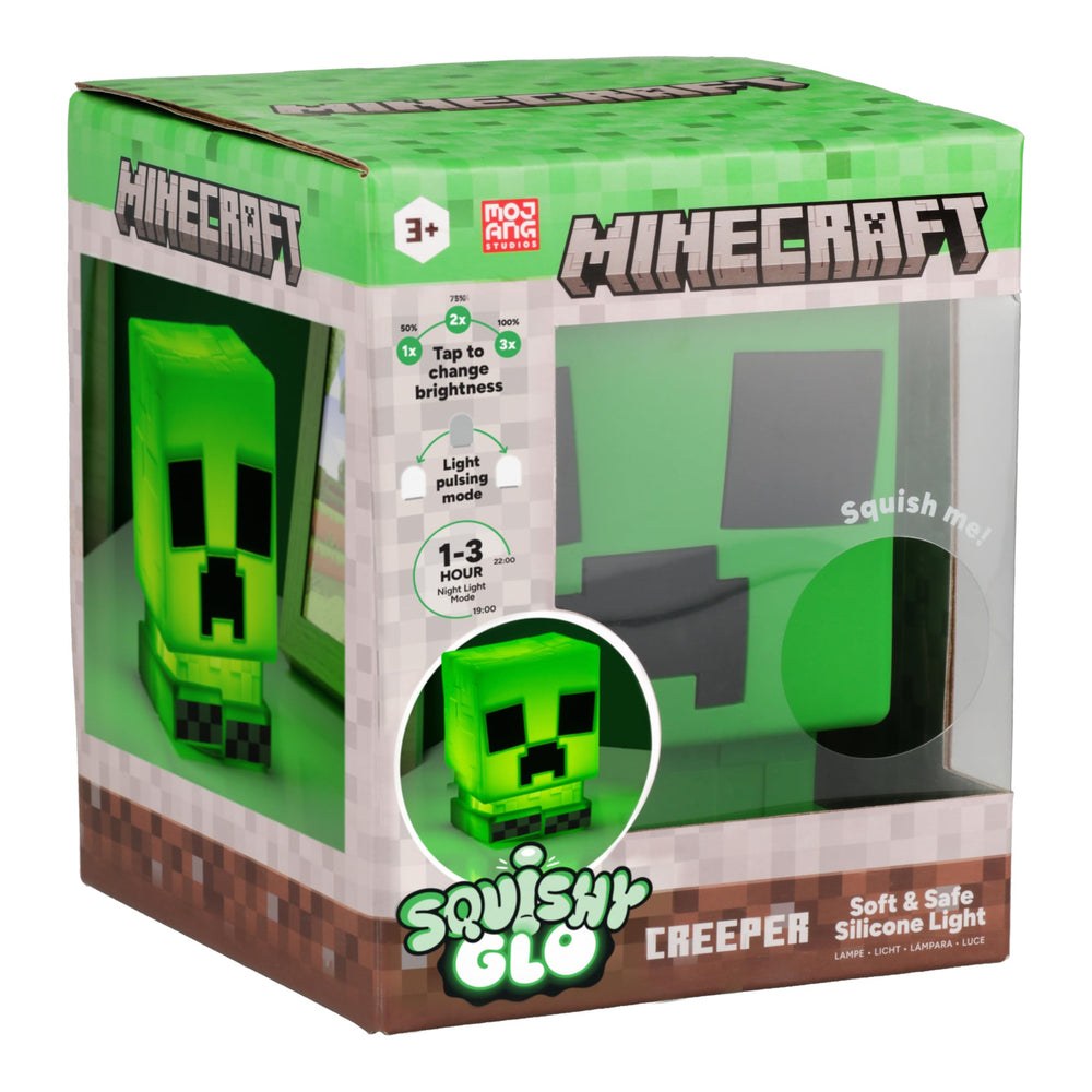 Paladone Minecraft Creeper SquishyGlo creates playful glow suitable for bedrooms and gaming setups.