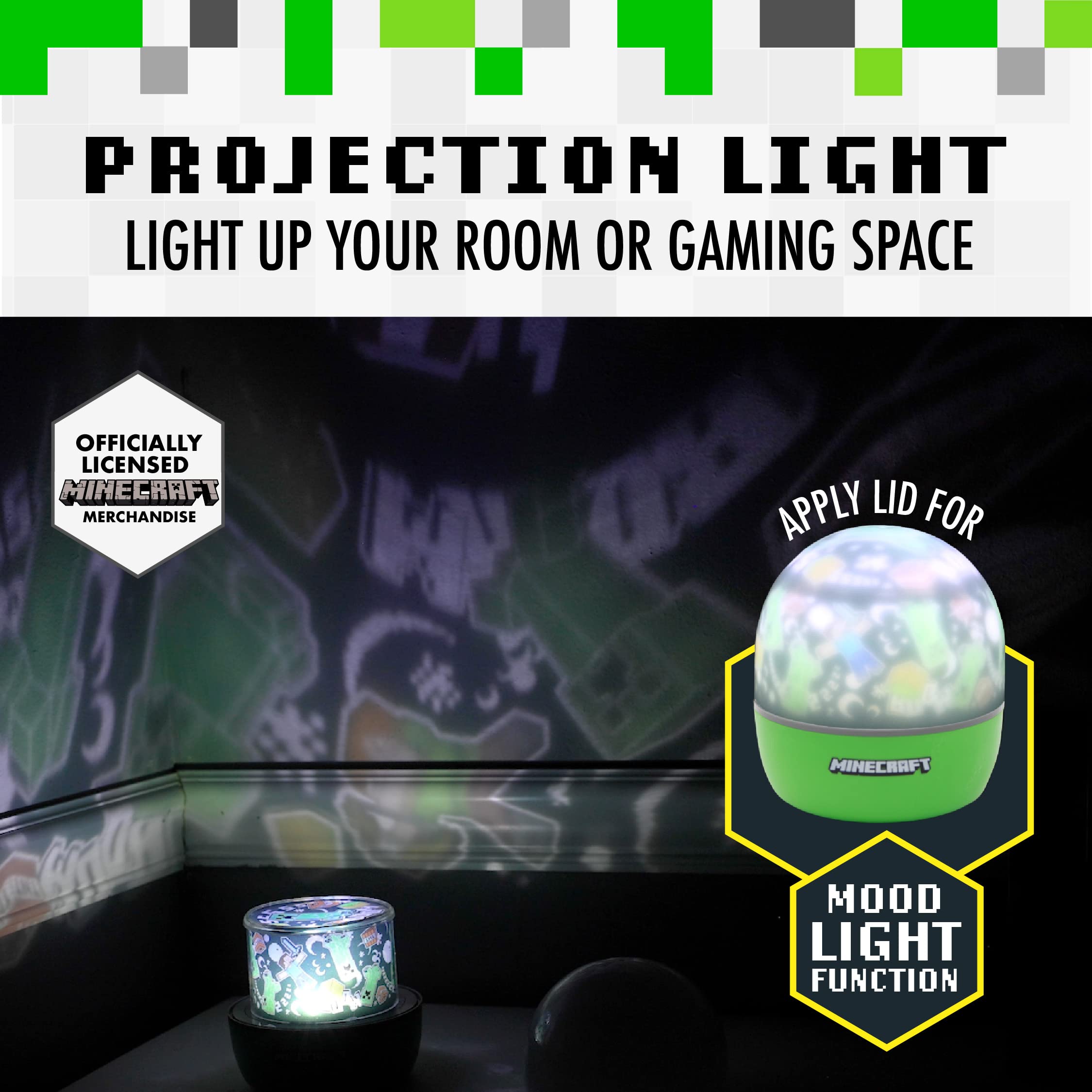 Paladone Minecraft Steve projector night light on wall enhances gaming atmosphere.