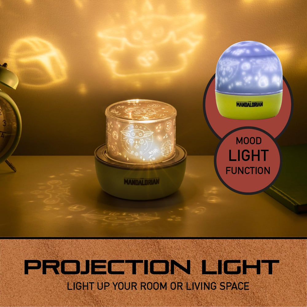 Paladone Grogu projection light USB-powered option for convenient bedroom setup.