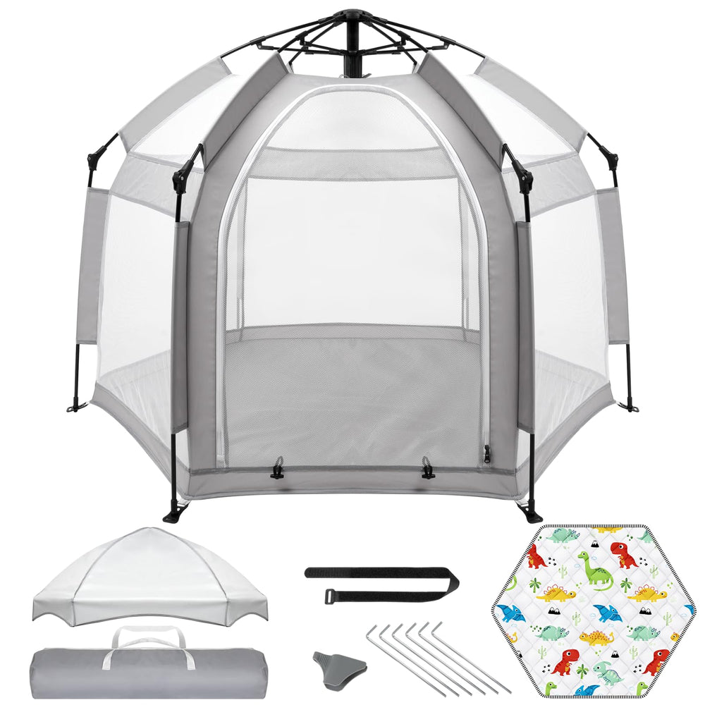 Palopalo pop-up playpen with UPF50+ canopy shielding sun for outdoor playtime and safety.