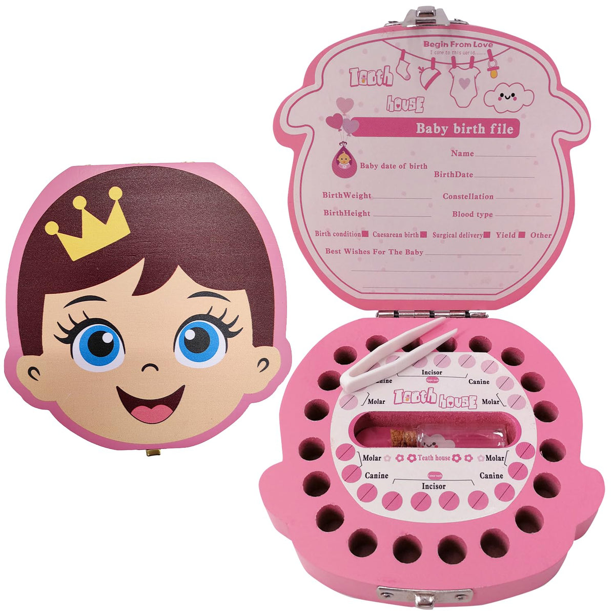 PAMBO Baby Tooth Fairy Box cover close-up shows premium wood finish for durable keepsakes.