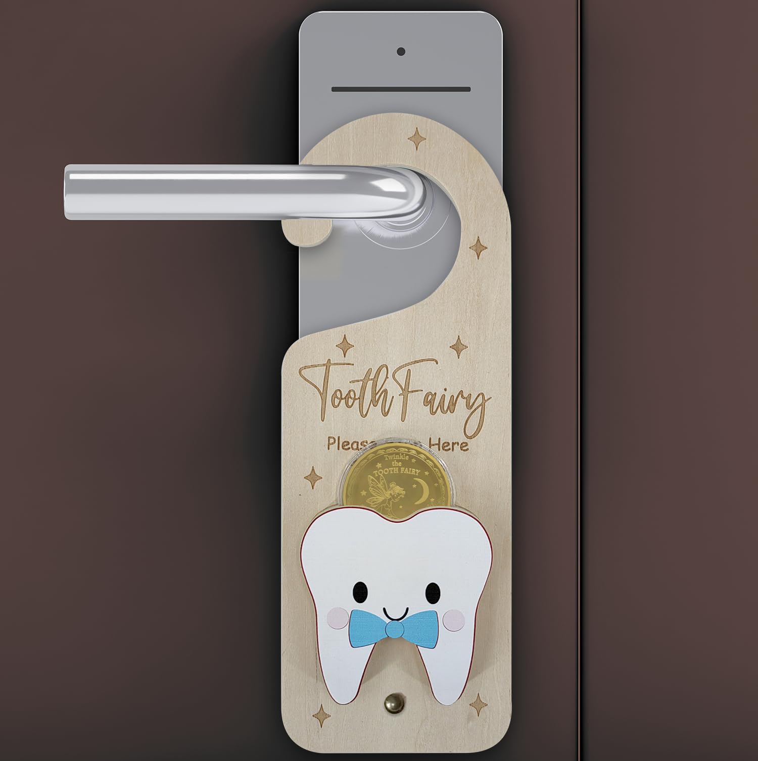 PAMBO door handle ornament on a doorknob as a charming brushing reminder.