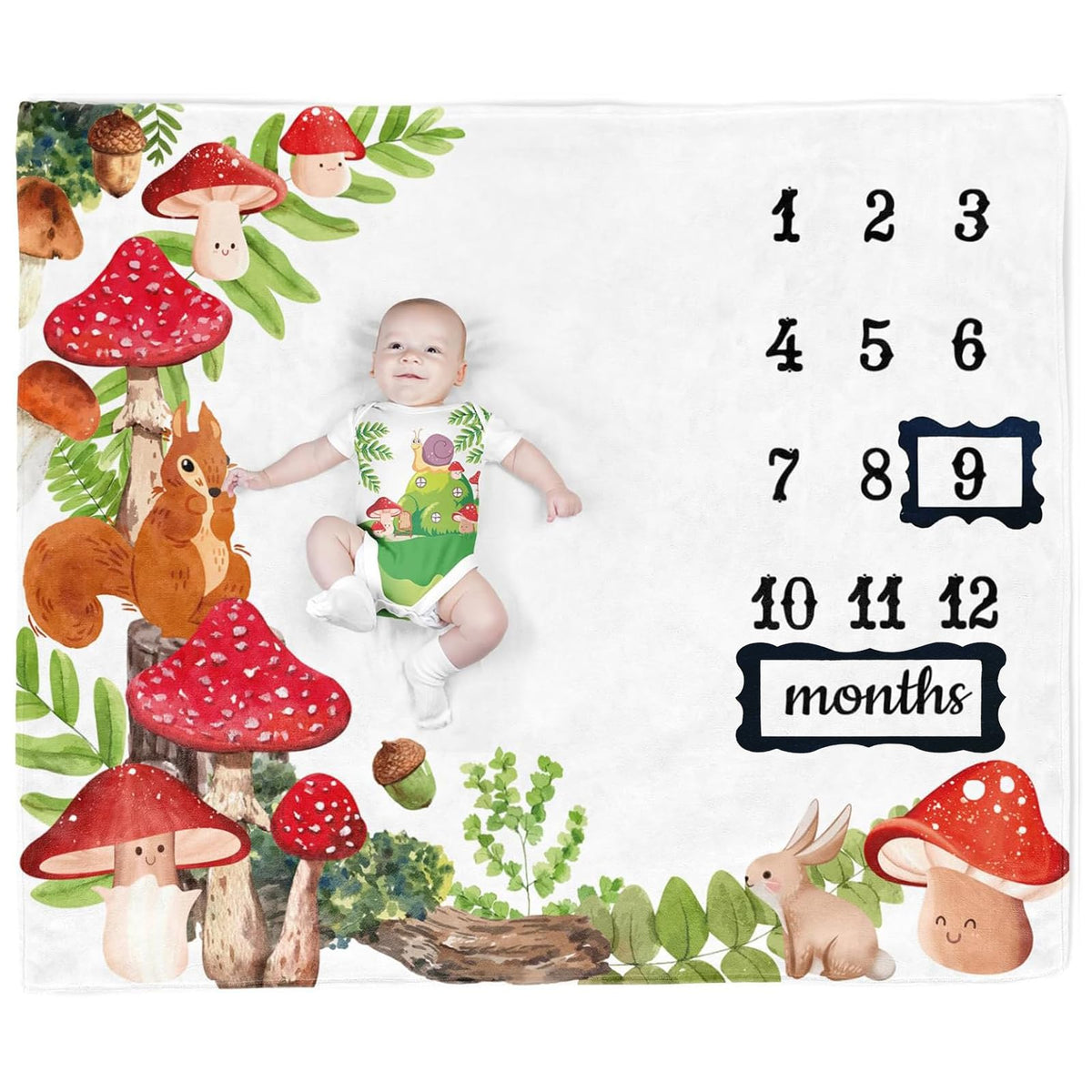 PAMBO mushroom baby blanket woodland squirrels flatlay for milestone photos.