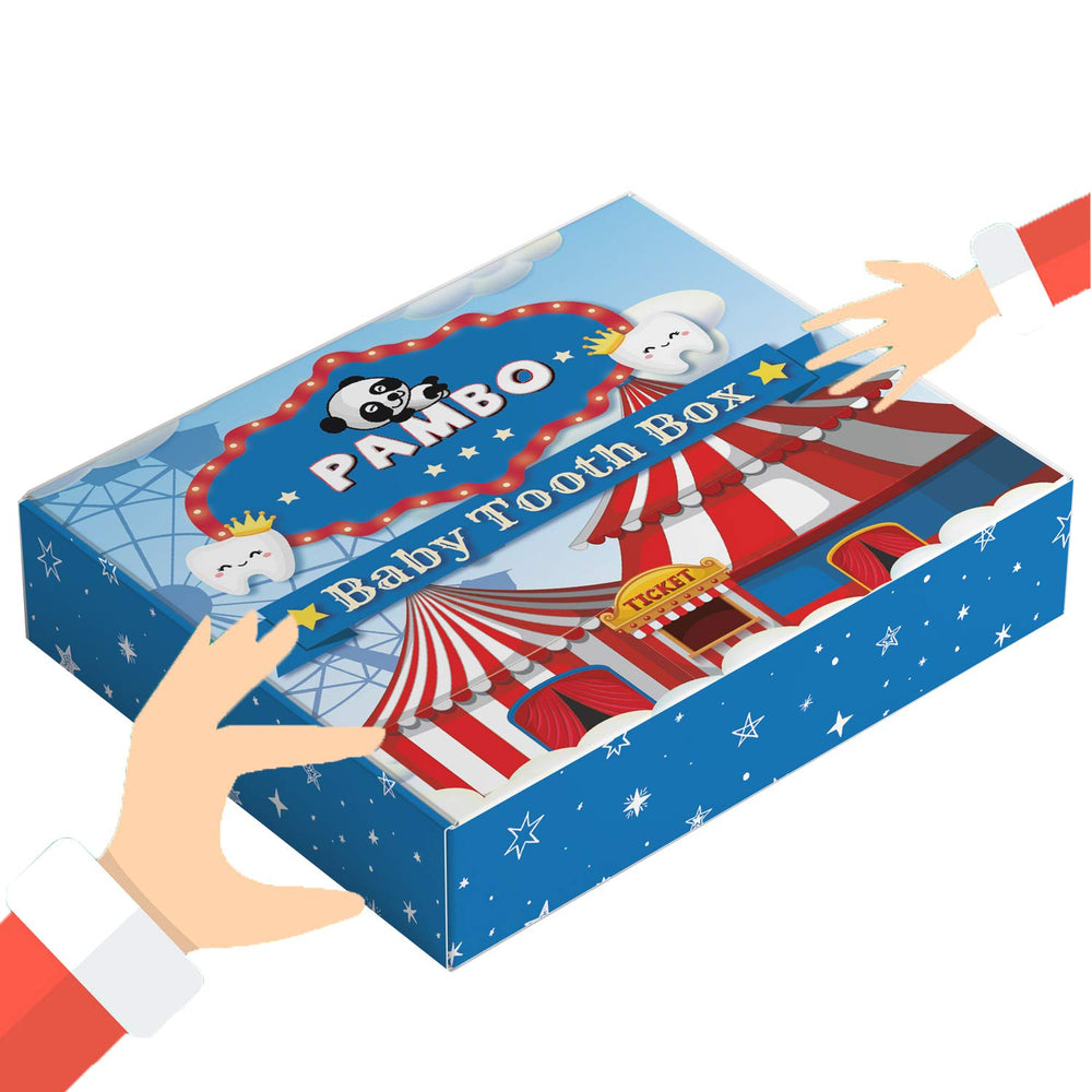 PAMBO Tooth Fairy Box shows bonus tweezers for tiny teeth handling.