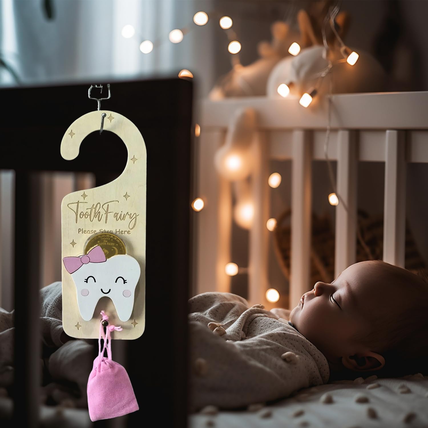 PAMBO money holder tooth fairy piece in pink wood, a playful keepsake for kids.