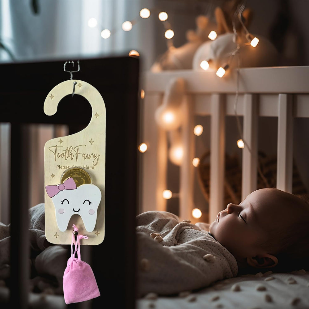 PAMBO money holder tooth fairy piece in pink wood, a playful keepsake for kids.