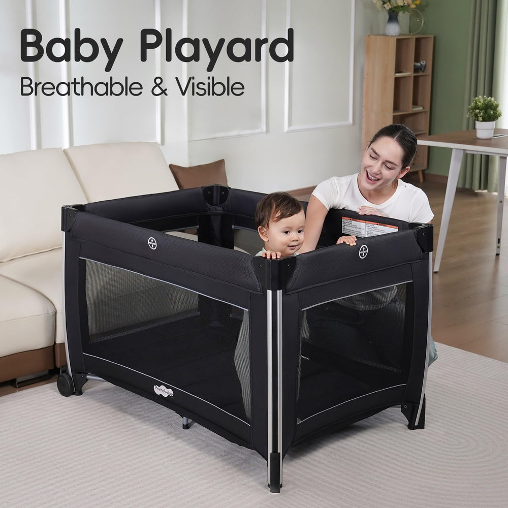 Pamo Babe 4in1 playard-portable-crib demonstrates easy room-to-room movement.