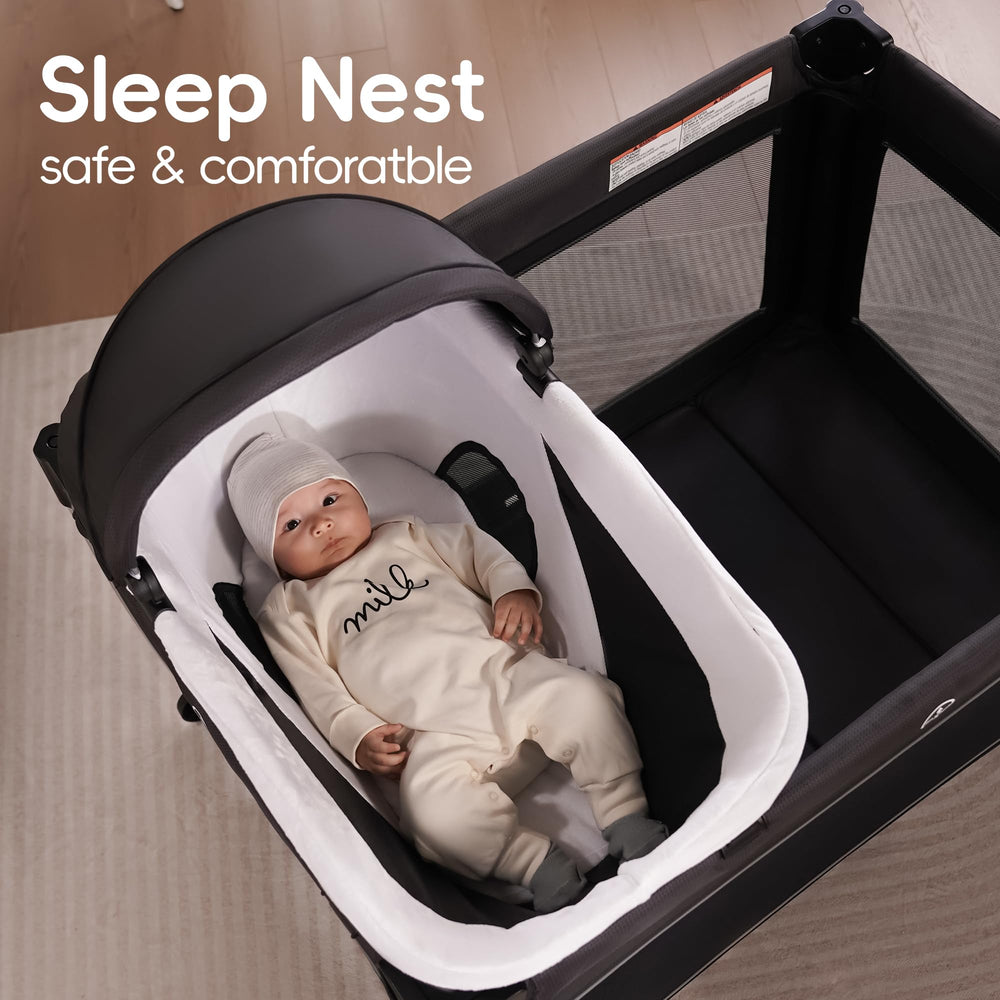 Pamo Babe 4in1 playard-toy-mobile-360 encourages visual tracking and soothing sounds.