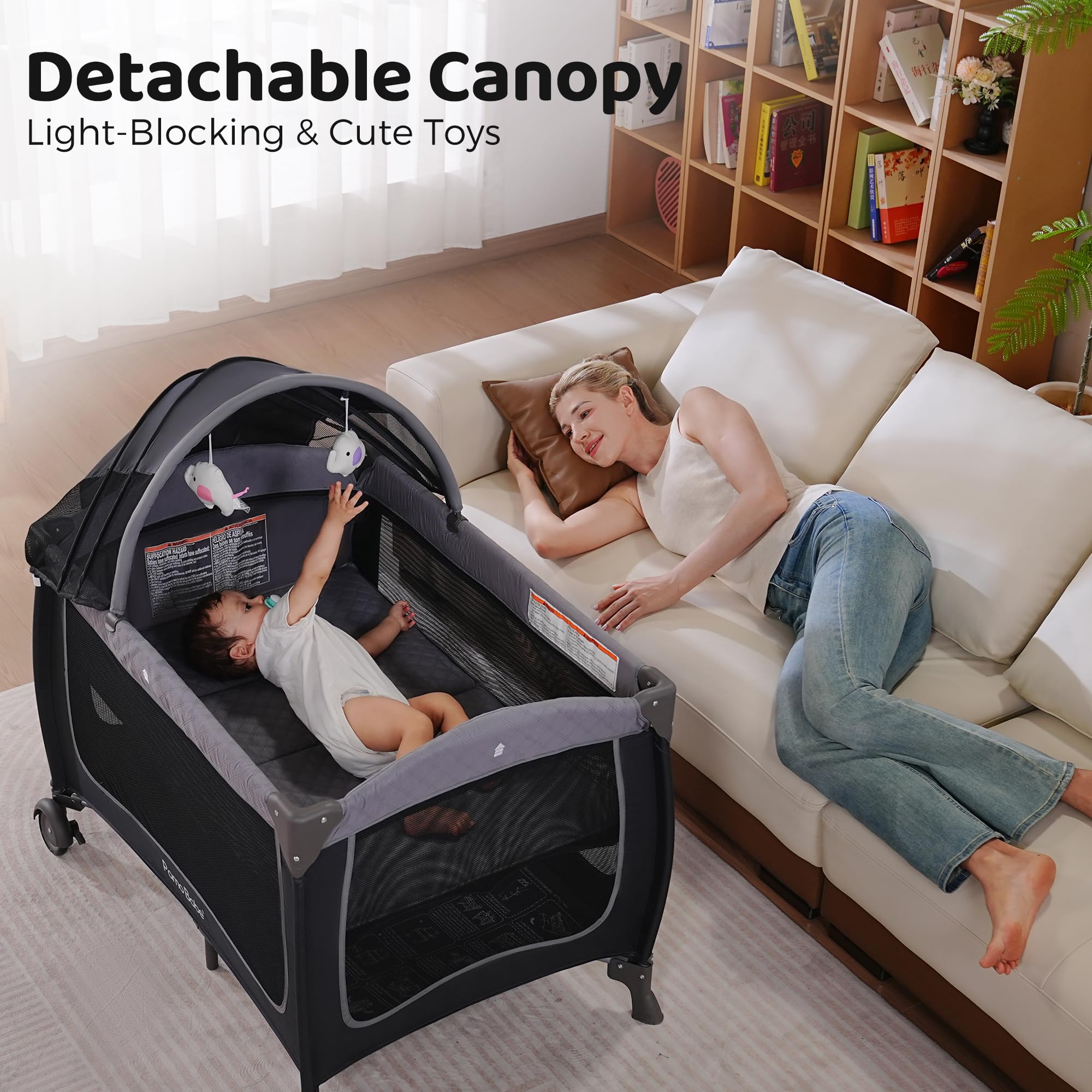 Pamo Babe detachable canopy helps shield eyes from bright light.